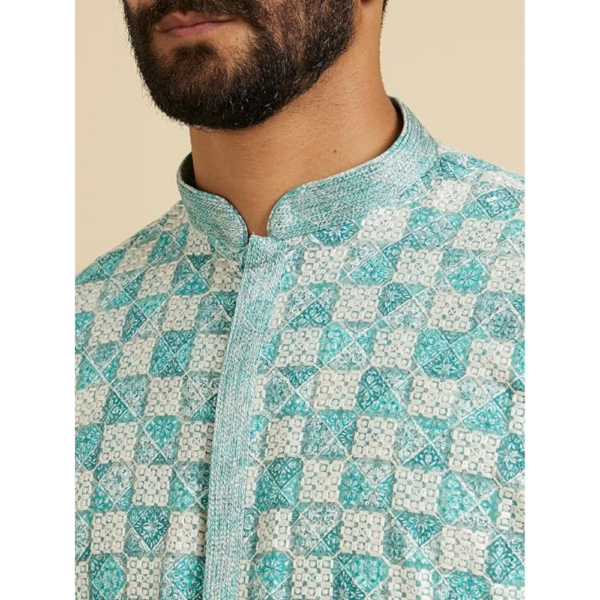 Men's Cotton Blend Chikankari Grid Print Kurta Pyjama Set - Image 4