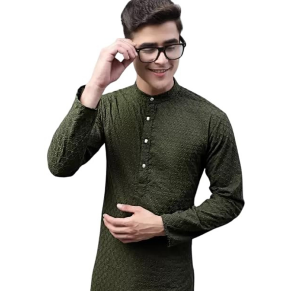 Men's Cotton Chikankari Olive Green Kurta, Long Sleeves, Knee Length - Image 4