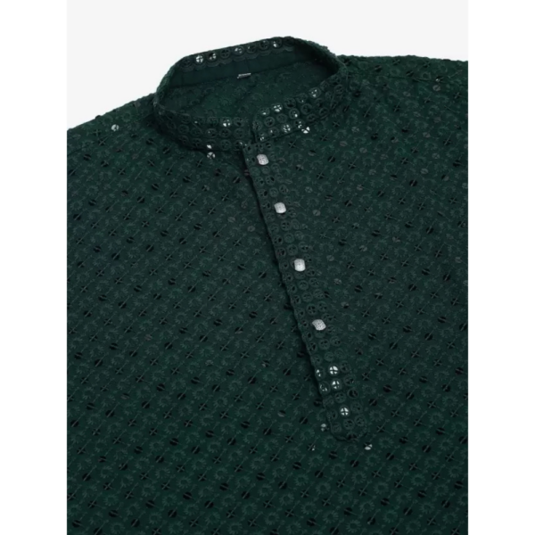 Men Chikan Embroidery Viscose Rayon A-line Kurta  (Green) - Image 4