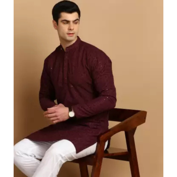 Men Chikan Embroidery Cotton Blend Straight Kurta  (Maroon) - Image 3