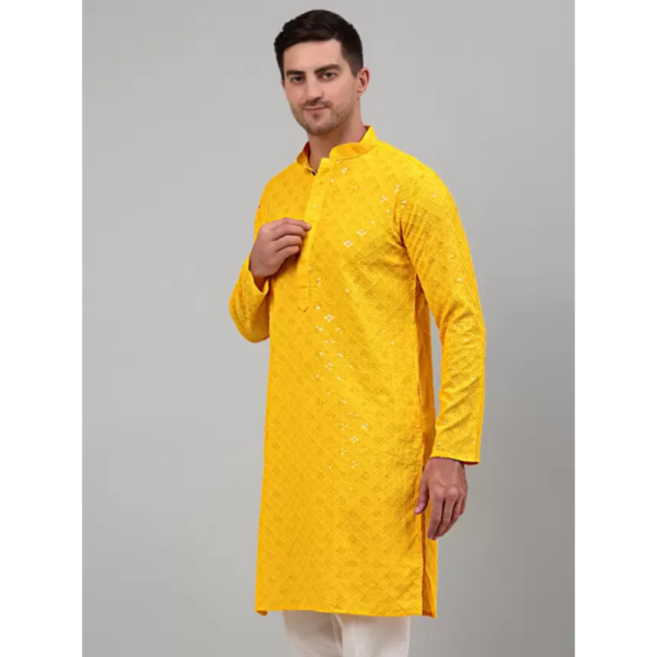 Men Embroidered Viscose Rayon Straight Kurta  (Yellow) - Image 4