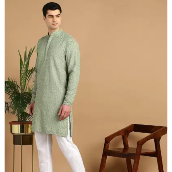 Men Chikan Embroidery Cotton Blend Straight Kurta  (Light Green) - Image 5