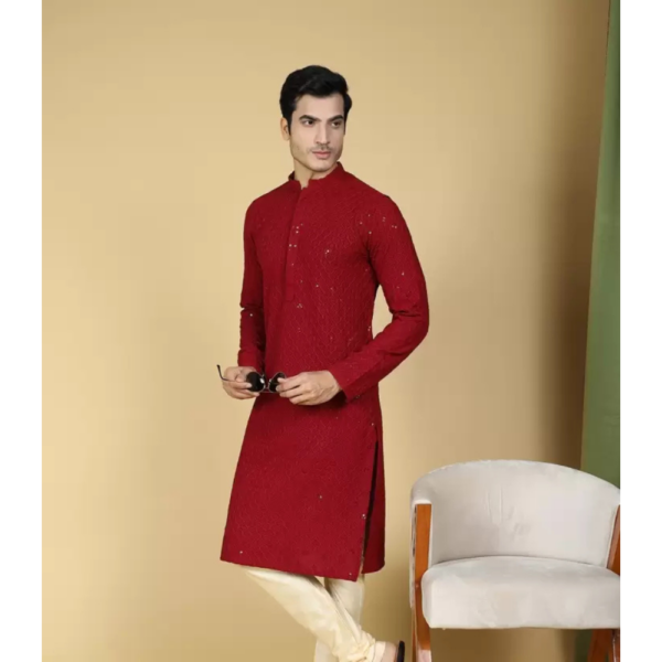 Men Chikan Embroidery Pure Cotton Straight Kurta  (Maroon) - Image 2