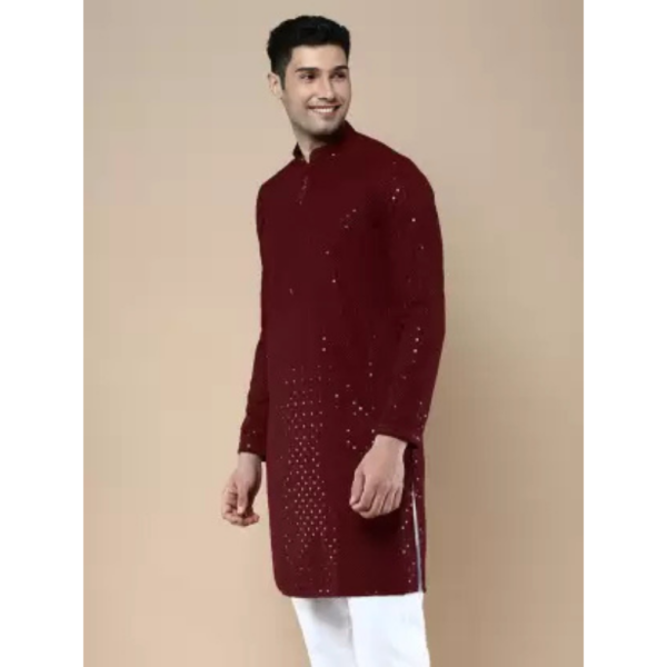 Men Embellished Cotton Blend Straight Kurta  (Red) - Image 3