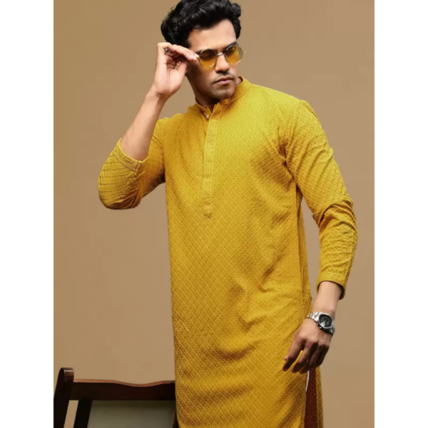 Men Chikan Embroidery Cotton Blend Straight Kurta  (Yellow) - Image 2