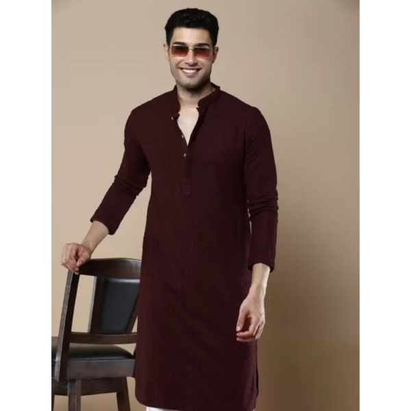 Men Chikan Embroidery Cotton Blend Straight Kurta  (Purple) - Image 4