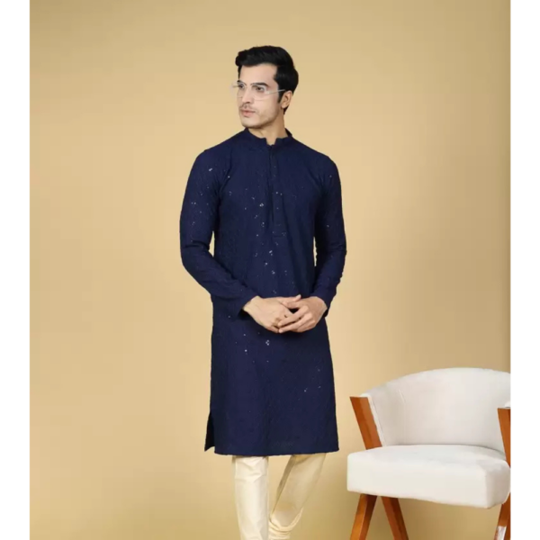 Men Chikan Embroidery Pure Cotton Straight Kurta  (Dark Blue) - Image 2