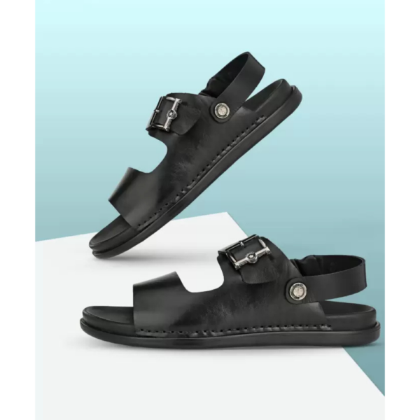 Men Black Leather Open Toe Slippers with Buckle Sandal  (Black , 8) - Image 2