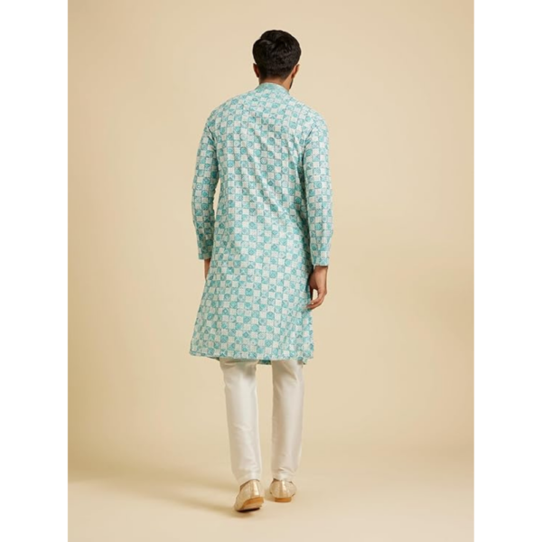 Men's Cotton Blend Chikankari Grid Print Kurta Pyjama Set - Image 3