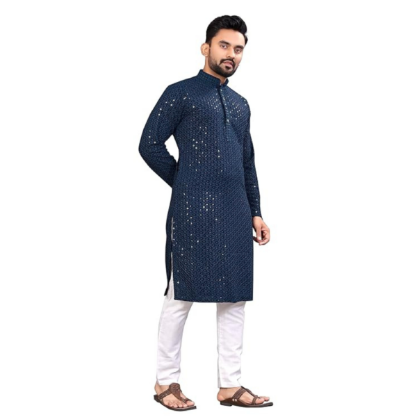 Men's Indian Ethnic Wear Straight Lucknowi, Chikankari Sequins Kurta - Image 3