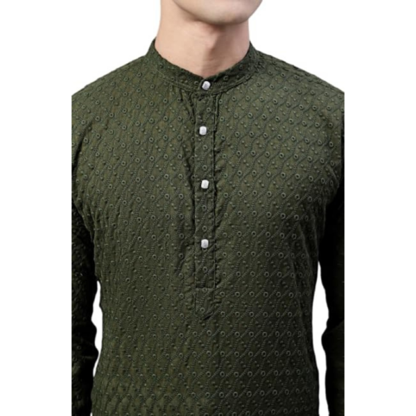 Men's Cotton Chikankari Olive Green Kurta, Long Sleeves, Knee Length - Image 3