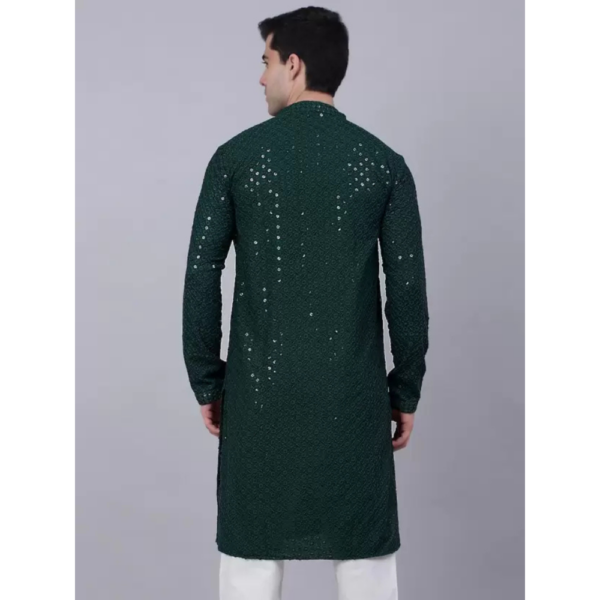 Men Chikan Embroidery Viscose Rayon A-line Kurta  (Green) - Image 3