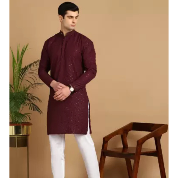 Men Chikan Embroidery Cotton Blend Straight Kurta  (Maroon) - Image 2