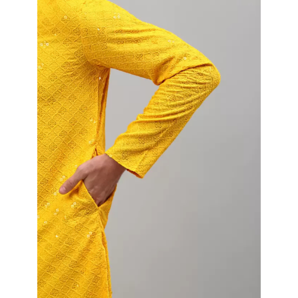 Men Embroidered Viscose Rayon Straight Kurta  (Yellow) - Image 3