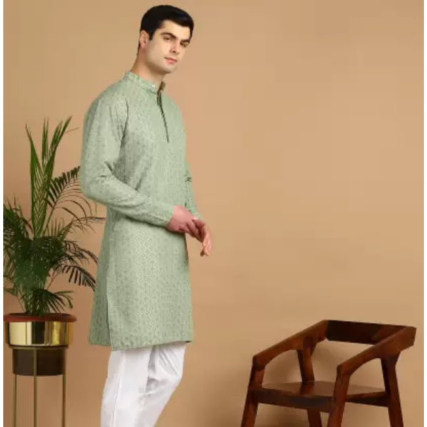 Men Chikan Embroidery Cotton Blend Straight Kurta  (Light Green) - Image 4