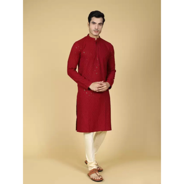 Men Chikan Embroidery Pure Cotton Straight Kurta  (Maroon) - Image 3