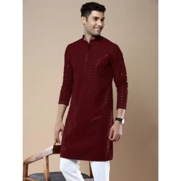 Men Embellished Cotton Blend Straight Kurta  (Red) - Image 2