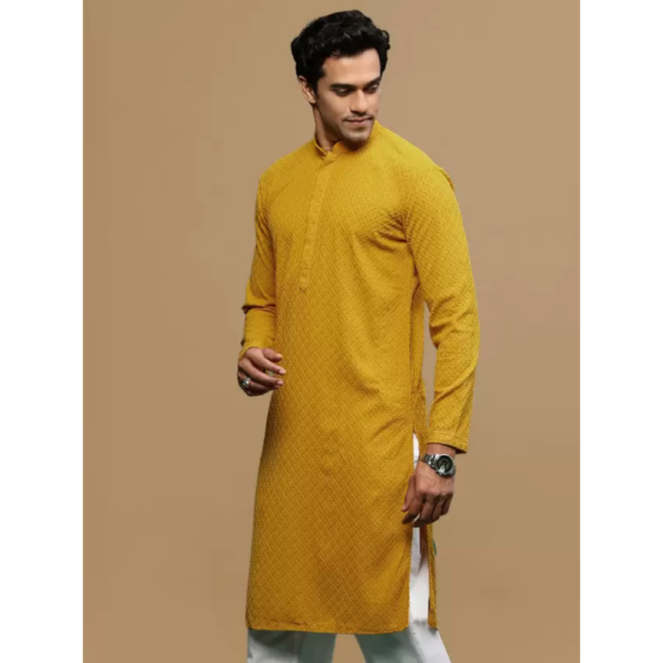 Men Chikan Embroidery Cotton Blend Straight Kurta  (Yellow) - Image 3