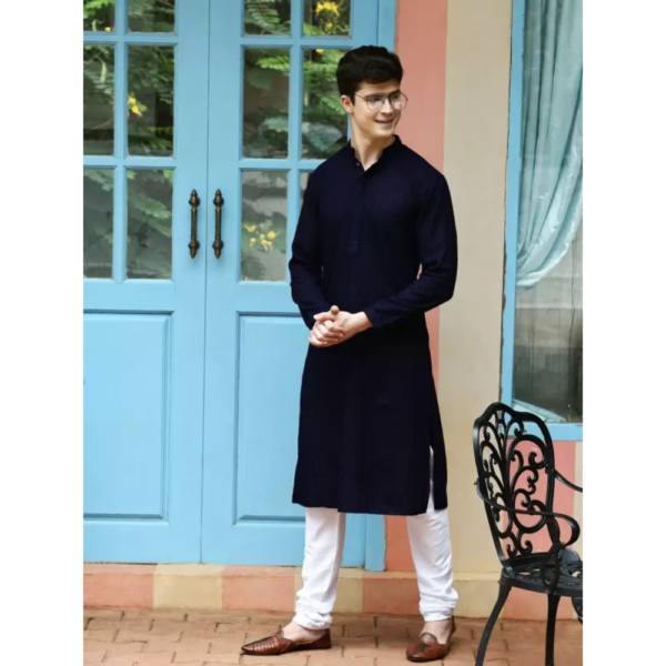 Men Chikan Embroidery Cotton Blend Flared Kurta  (Dark Blue) - Image 3