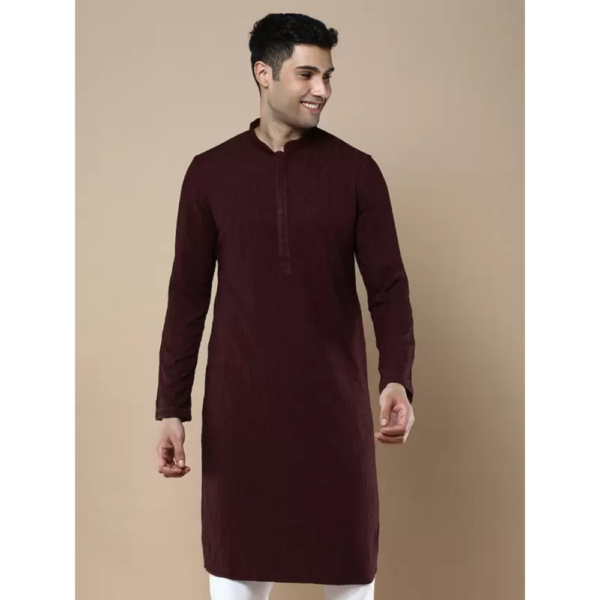 Men Chikan Embroidery Cotton Blend Straight Kurta  (Purple) - Image 3