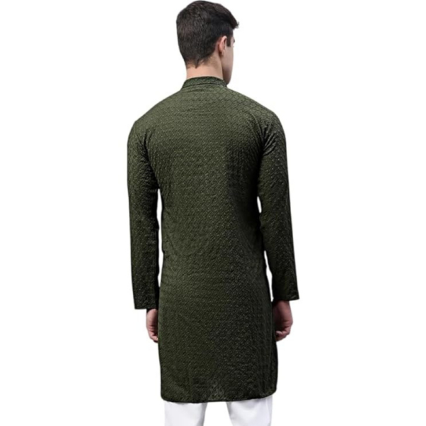 Men's Cotton Chikankari Olive Green Kurta, Long Sleeves, Knee Length - Image 2