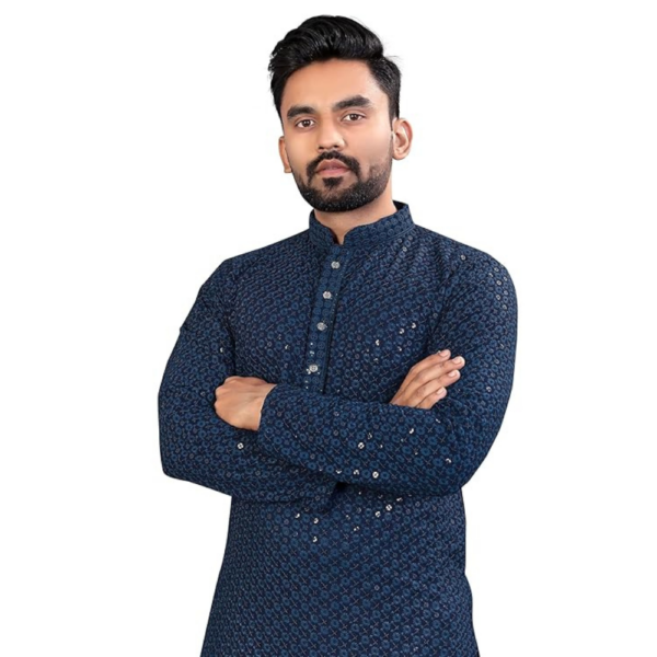 Men's Indian Ethnic Wear Straight Lucknowi, Chikankari Sequins Kurta - Image 4