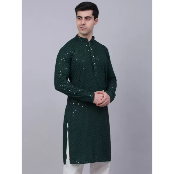 Men Chikan Embroidery Viscose Rayon A-line Kurta  (Green) - Image 2