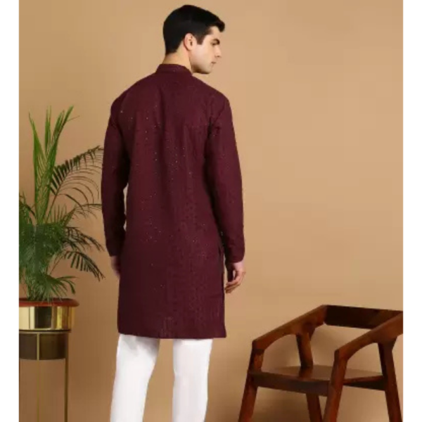 Men Chikan Embroidery Cotton Blend Straight Kurta  (Maroon) - Image 4