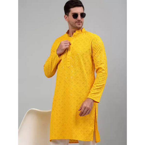 Men Embroidered Viscose Rayon Straight Kurta  (Yellow) - Image 2