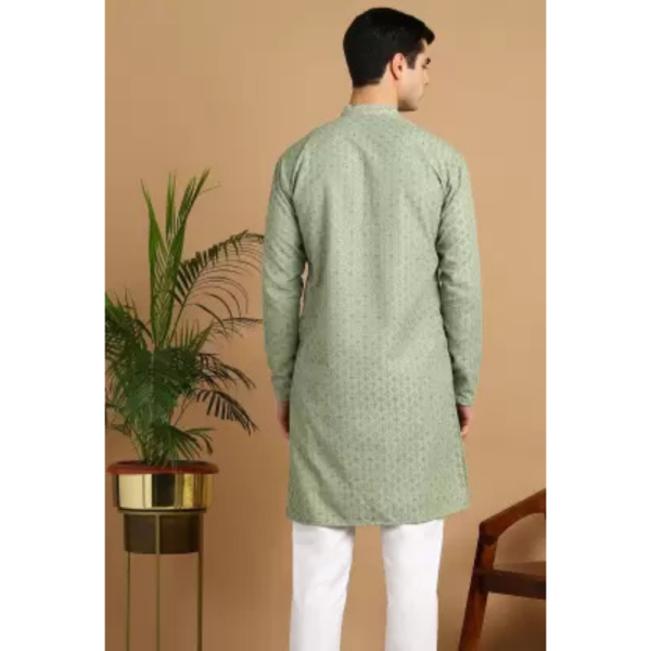 Men Chikan Embroidery Cotton Blend Straight Kurta  (Light Green) - Image 3