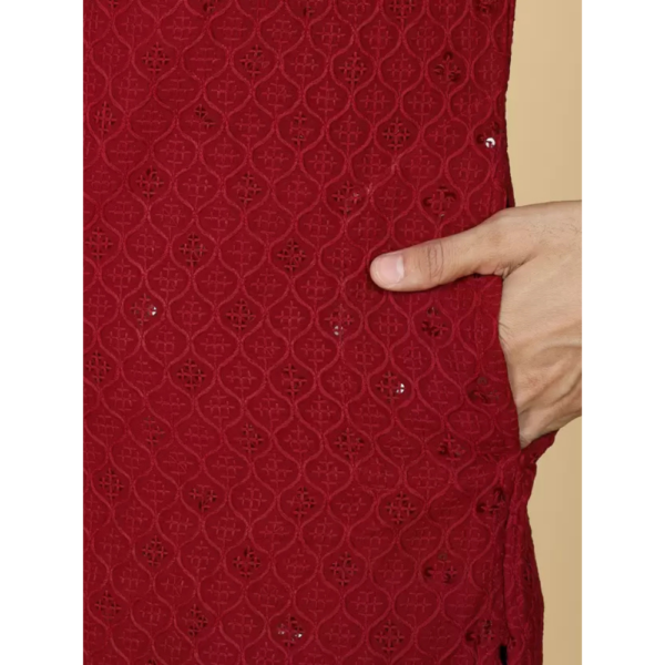 Men Chikan Embroidery Pure Cotton Straight Kurta  (Maroon) - Image 4