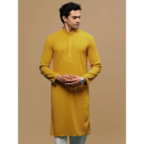 Men Chikan Embroidery Cotton Blend Straight Kurta  (Yellow) - Image 4