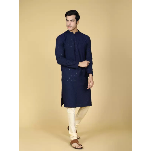 Men Chikan Embroidery Pure Cotton Straight Kurta  (Dark Blue) - Image 4