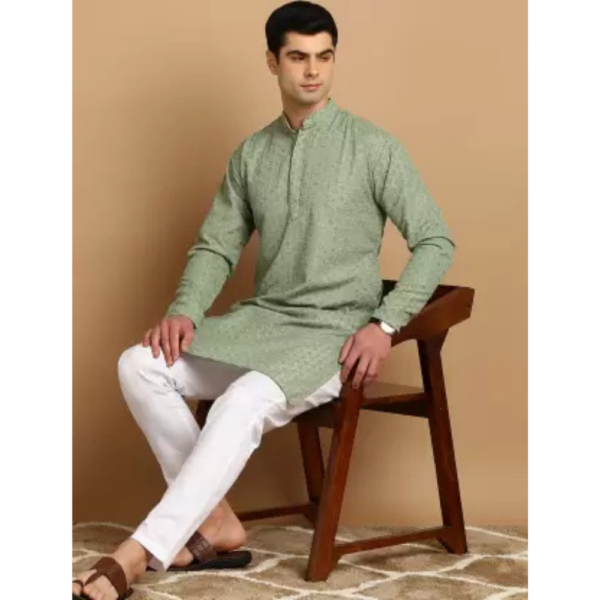 Men Chikan Embroidery Cotton Blend Straight Kurta  (Light Green) - Image 2