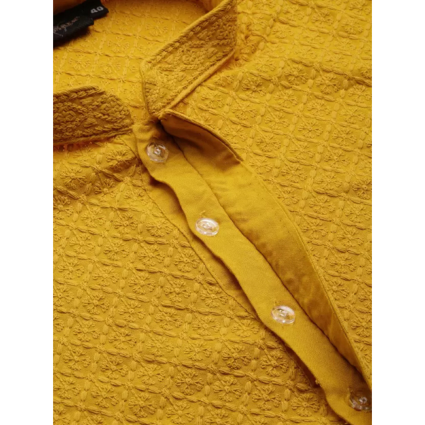 Men Chikan Embroidery Cotton Blend Straight Kurta  (Yellow) - Image 5