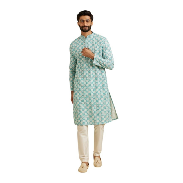 Men's Cotton Blend Chikankari Grid Print Kurta Pyjama Set