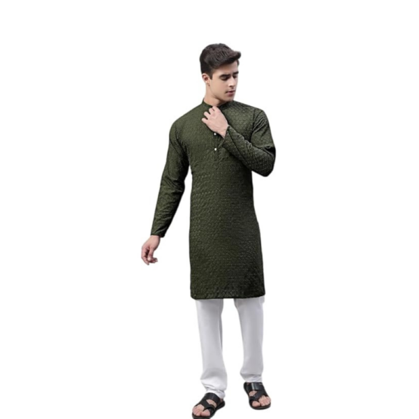 Men's Cotton Chikankari Olive Green Kurta, Long Sleeves, Knee Length