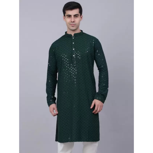 Men Chikan Embroidery Viscose Rayon A-line Kurta  (Green)