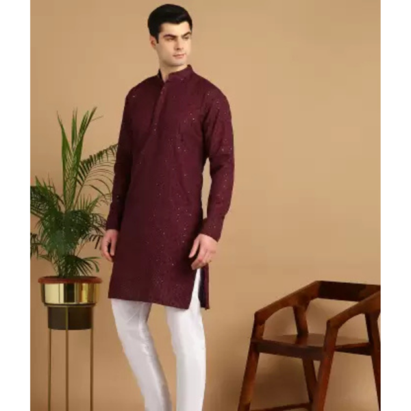 Men Chikan Embroidery Cotton Blend Straight Kurta  (Maroon)