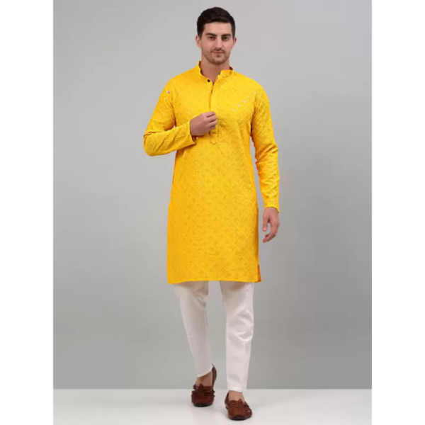 Men Embroidered Viscose Rayon Straight Kurta  (Yellow)