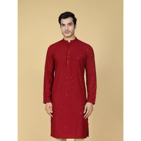 Men Chikan Embroidery Pure Cotton Straight Kurta  (Maroon)