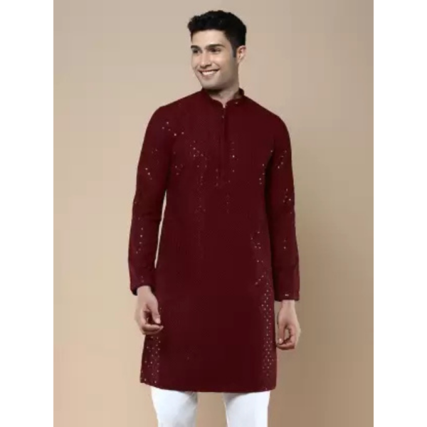 Men Embellished Cotton Blend Straight Kurta  (Red)