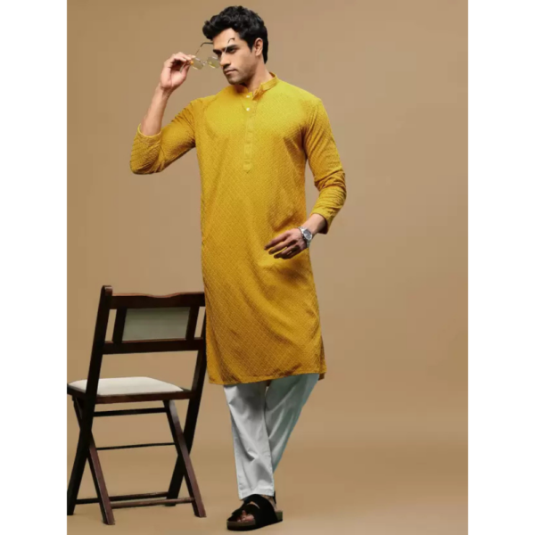 Men Chikan Embroidery Cotton Blend Straight Kurta  (Yellow)