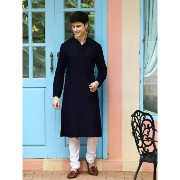 Men Chikan Embroidery Cotton Blend Flared Kurta  (Dark Blue)