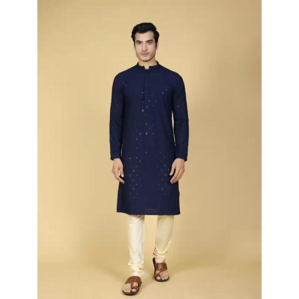 Men Chikan Embroidery Pure Cotton Straight Kurta  (Dark Blue)