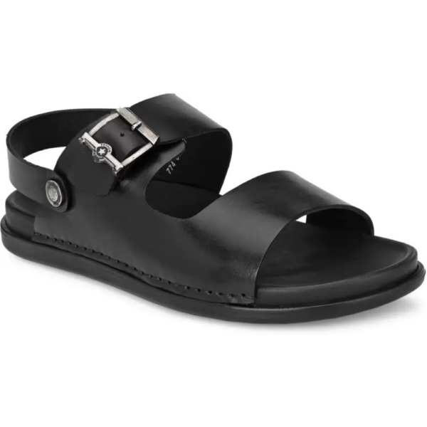 Men Black Leather Open Toe Slippers with Buckle Sandal  (Black , 8)